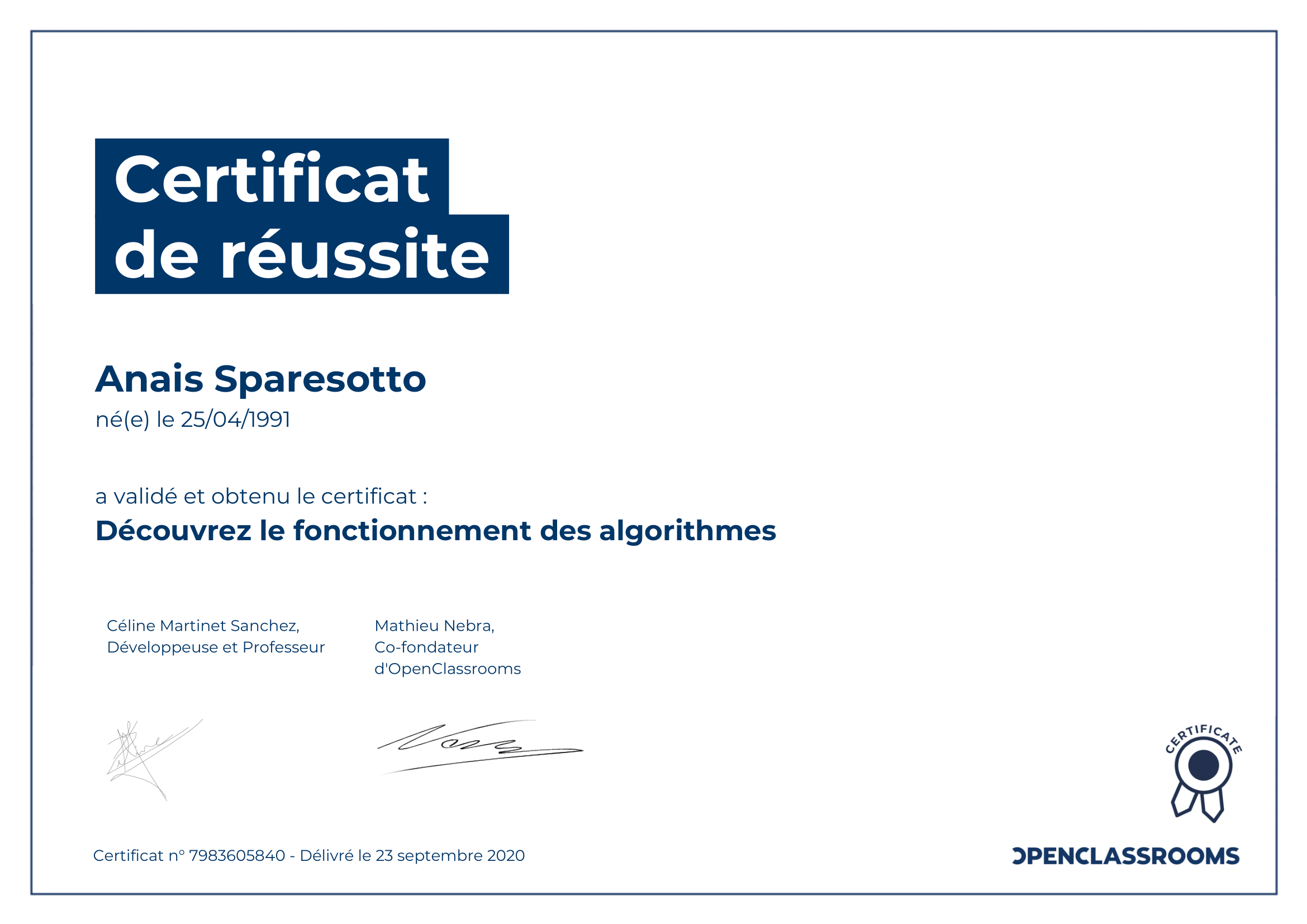 certificat de réussite algorithmes sparesotto anais