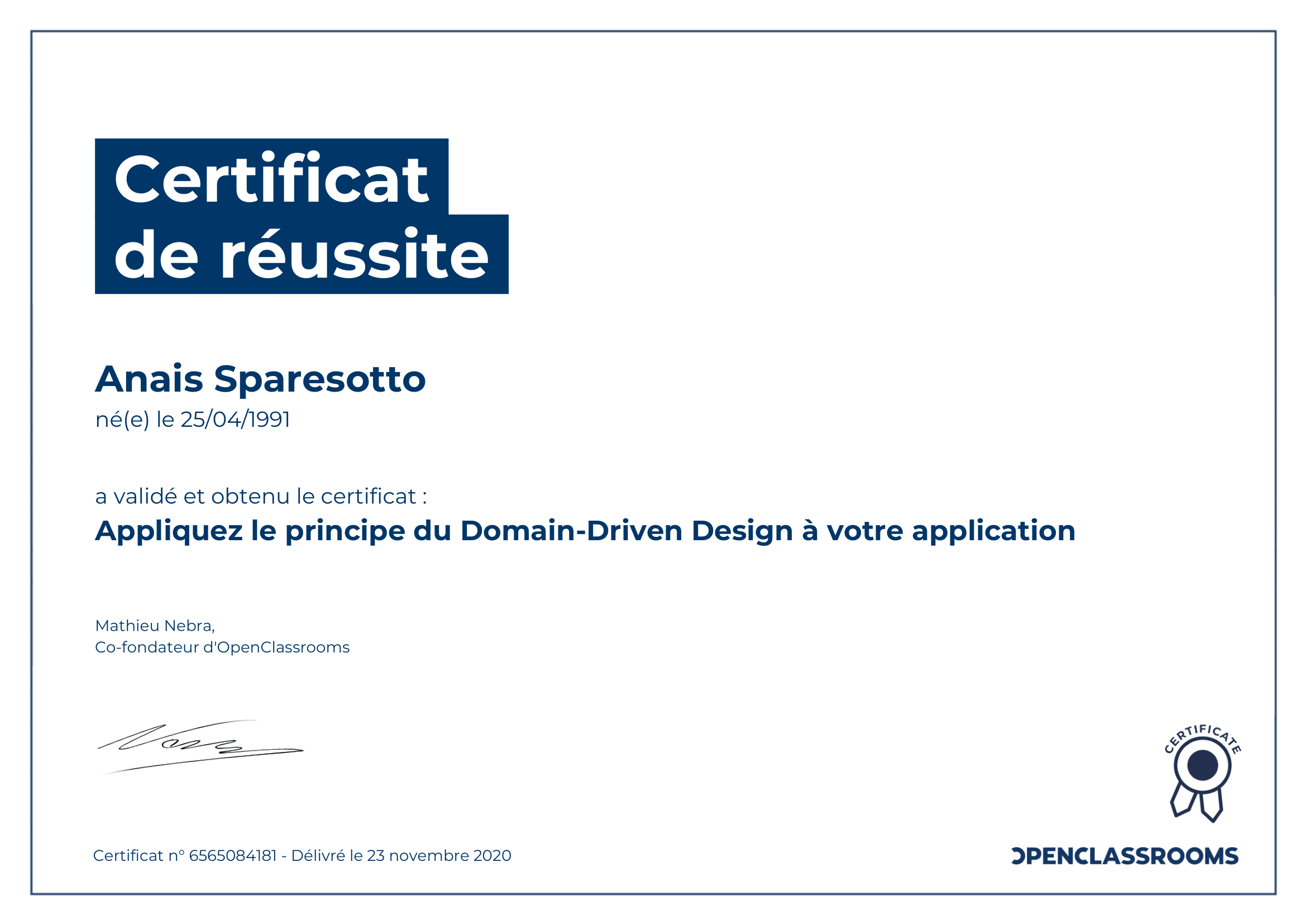 certificat de réussite domain driven design sparesotto anais