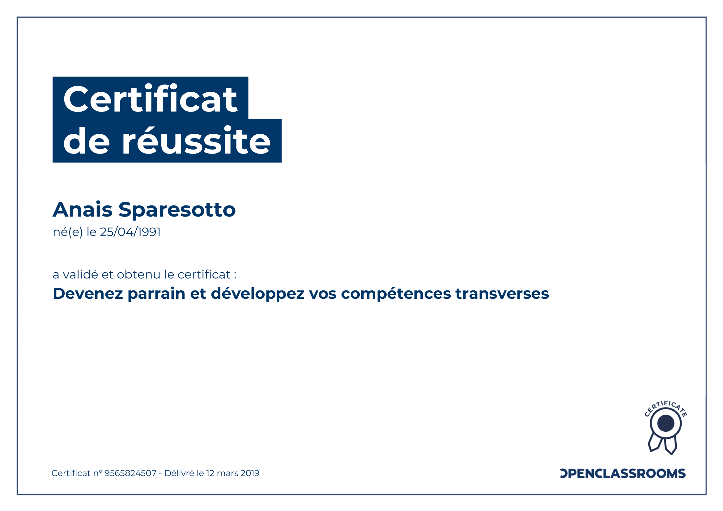 certificat de réussite parrain openclassrooms sparesotto anais