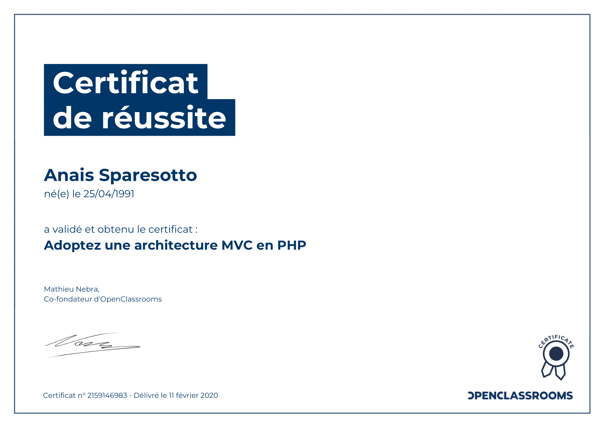 certificat de réussite php mvc sparesotto anais