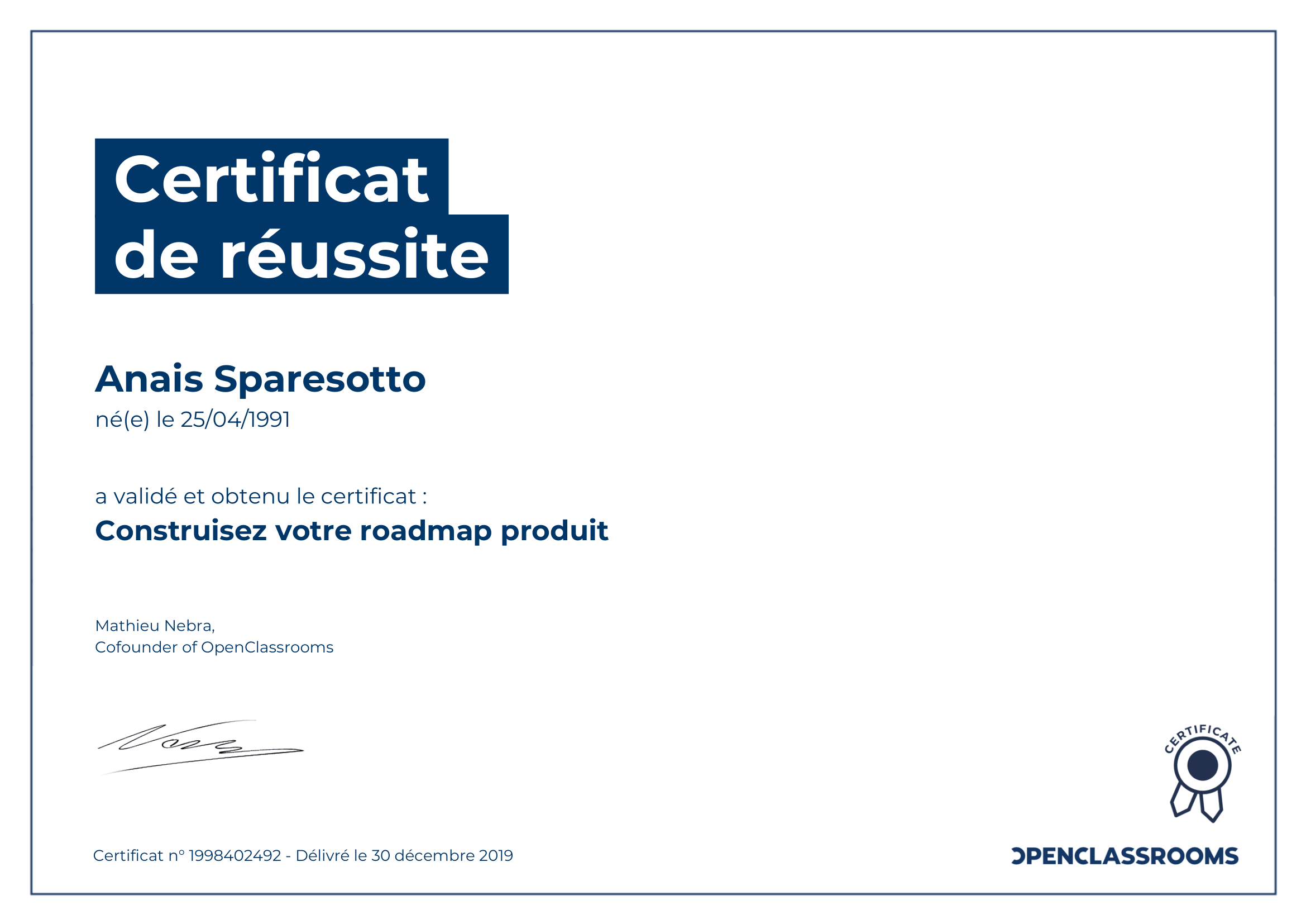 certificat de réussite roadmap produit sparesotto anais